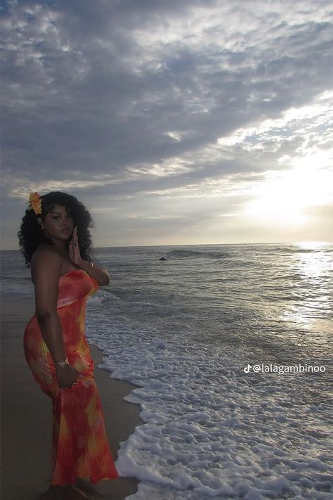 Beach Pictures Black Women, Beach Pictures Sunrise, Birthday Beach Pictures, Orange Beach Dress, Hairstyle Side Part, Pictures Black Women, Orange Beach Dresses, Hairstyles Flower, Canon Powershot Digital Camera