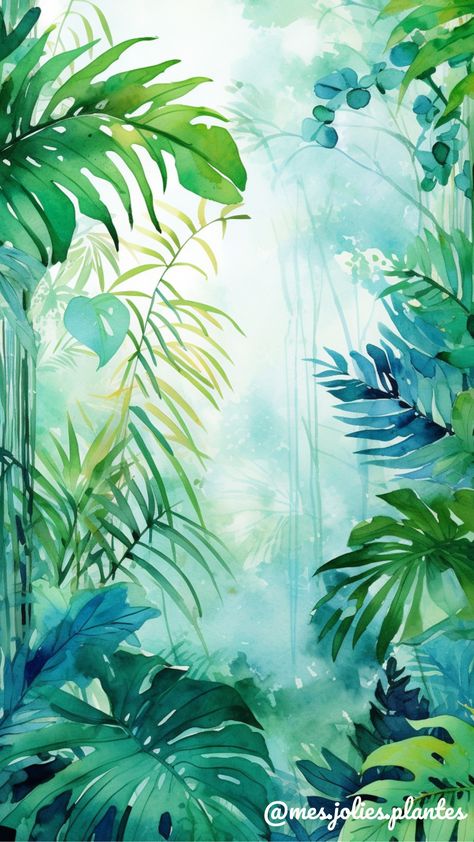 Ambiance jungle tropicale avec feuilles de monstera dans le style aquarelle pour ce fond d'écran exclusif "Mes jolies plantes". Venez découvrir la gamme d'accessoires sur Etsy ! Watercolor Jungle Landscape, Jungle Background Drawing, Jungle Leaves Painting, Jungle Leaves Drawing, Jungle Plants Drawing, Jungle Art Painting, Jungle Art Tropical, Tropical Drawing, Jungle Artwork