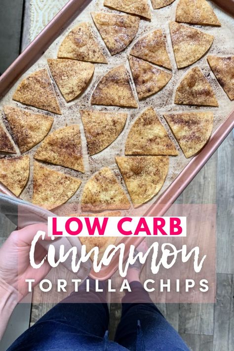 HOW TO MAKE CINNAMON CHIPS-Stack up the almond flour tortillas and use a pizza cutter to cut them into triangles and place them on a parchment-lined baking sheet and brush them with melted butter. Then sprinkle them with cinnamon and Lakanto granulated sweetener. Bake at 400F for 7 minutes Keto Cinnamon Chips, Zero Carb Tortilla Chips Air Fryer, Chips From Low Carb Tortillas, Almond Flour Tortillas, Cinnamon Sugar Tortillas, Keto Chips, Low Sugar Diet Recipes, Cinnamon Tortilla Chips, Cinnamon Tortillas