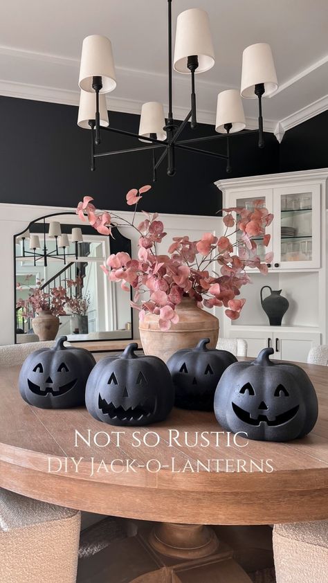 Jennifer Virkus | Here is how I made them 👇🏻 DIY (not so rustic) Jack-O-Lanterns I missed out on the black Pottery Barn terracotta Jack-o-lanterns this… | Instagram Pottery Barn Halloween, Ceramic Pumpkins, Textured Spray Paint, Halloween Front Door, Halloween Front Doors, Black Pottery, Pumpkin Queen, Casa Halloween, Spooky Szn