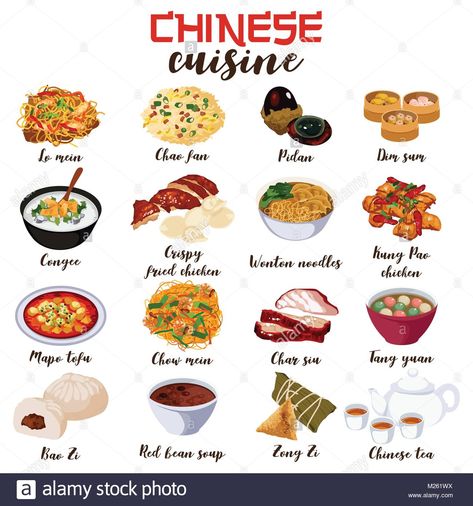 Download this stock vector: A vector illustration of Chinese Food Cuisine - M261WX from Alamy's library of millions of high resolution stock photos, illustrations and vectors. Culinary Cooking, Mapo Tofu, Collection Illustration, Food Stock, Food Infographic, Foreign Food, Chow Mein, Food Info, Food Facts