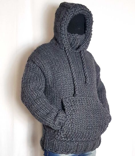 Hoodie Tutorial, Crochet Hoodie, Mens Hoodie, Hand Knitted Sweaters, Knit Hoodie, Chunky Sweater, Handmade Knitting, Hooded Pullover, Hoodie Sweater