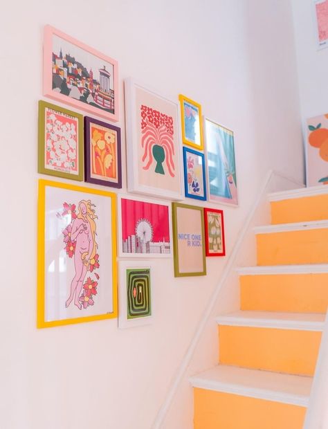 Colorful Wall Art Frames, Fun Picture Frame Wall, Maximalist Picture Frame, Coloured Frames On Wall, Colorful Gallery Wall Staircase, Colourful Picture Frames On The Wall, Playroom Wall Collage, Coloured Picture Frames, Colored Picture Frames On The Wall