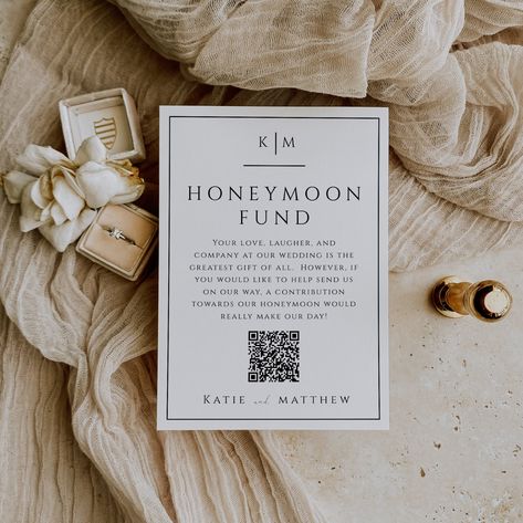 This modern minimalist DIY QR code honeymoon fund card with monogram features modern calligraphy script, simple typography, and timeless elegance in a completely customizable template.  The design is fully editable (including fonts, wording, and colors) and easy to personalize using Templett, a free online design platform that works in your browser with no software downloads necessary.  Use the link below to try before you buy! --------------------------------------- TRY BEFORE YOU BUY WITH FREE Honeymoon Fund Shower Invitations, Honey Moon Funds Ideas, Honeymoon Fund Wording On Invite, Honeymoon Fund Wording, Guatemala Wedding, Minimalist Diy, Honeymoon Fund, 2025 Wedding, Simple Typography