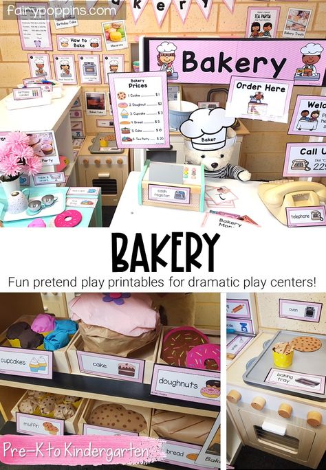 Kindergarten Bakery Dramatic Play, Bakery Play Stand, Bake Shop Dramatic Play, Bakery Center Preschool, Baking Unit Preschool, Community Helpers Pretend Play, Bakery Dramatic Play Center, Cookie Dramatic Play Center, Bakery Unit For Preschool