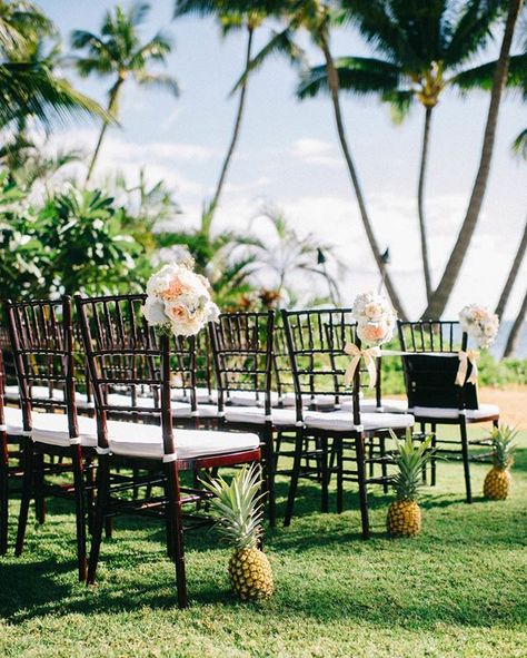 Pineapples leading the way! Chiavari Chairs Wedding, Hawaii Wedding Ideas, Weddings In Hawaii, Wedding Style Ideas, Chairs Wedding, Oceanfront Wedding, Wedding In Hawaii, Beachside Wedding, Hawaii Destination Wedding