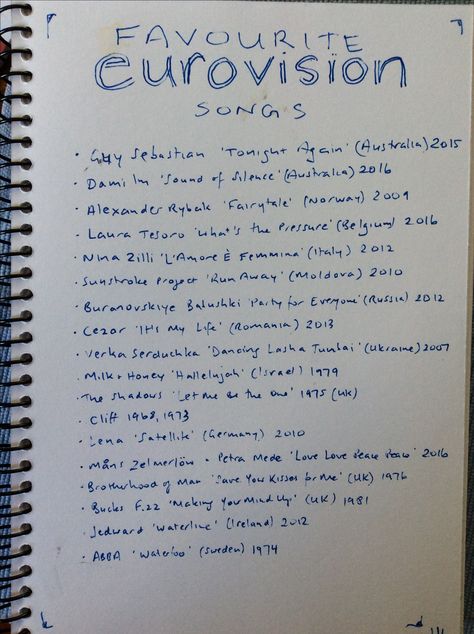 My newest bullet journal page: favourite Eurovision songs. Which classics have I missed? Bullet Journal Page, Eurovision Songs, Journal Page, Journal Pages, I Missed, Bullet Journal, Songs