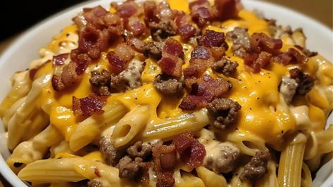 Loaded Bacon Cheeseburger Alfredo Pasta Recipe - recipe maestro Loaded Bacon Cheeseburger Alfredo Pasta, Facebook Recipes, Pasta Recipes Alfredo, Pasta Types, Beef Bacon, Fettuccine Pasta, Bacon Cheeseburger, Alfredo Pasta, Pasta Shapes