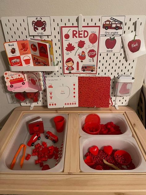 Red color learning activity for toddlers using a Flisat table with sensory bins Baby Zintuiglijk, Flisat Table, Color Learning, Toddler Sensory Bins, Ikea Flisat, Preschool Room, Easter Hair Bows, Activity For Toddlers, Homeschool Preschool Activities