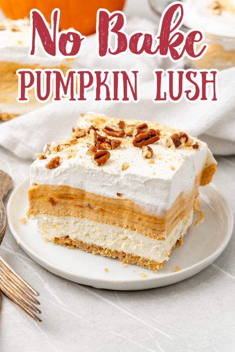 Pumpkin Lush – A luscious dessert made with layers of graham cracker crust, cheesecake filling, creamy pumpkin filling, and whipped topping. The perfect dessert for thanksgiving! No Bake Pumpkin Desserts | Thanksgiving Desserts | Pumpkin Lush Recipe #pumpkin #thanksgiving #dessert Pumpkin Pie Delight Recipe, Pumpkin Lush Pie Recipe, Pumpkin Yummy Dessert, Pumpkin Cheesecake Fluff, Pumpkin Lush Dessert 9x13, No Bake Pumpkin Lush, No Bake Pumpkin Cheesecake Bar, Pumpkin Layer Dessert, Pumpkin And Cool Whip Dessert