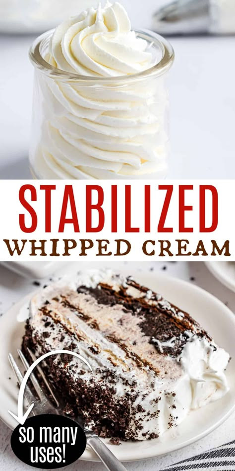 Homemade stabilized whipped cream works just like Cool Whip in all your favorite recipes. Learn how to make a perfect fluffy whipped topping that holds its shape with this step-by-step guide. Whip Cream, Homemade Cool Whip, Banana Pudding Cupcakes, Pudding Cupcakes, Homemade Whipped Cream Recipe, Stabilized Whipped Cream, Making Whipped Cream, Recipes With Whipping Cream, Whipped Cream Frosting