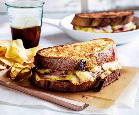 Australian Gourmet Traveller recipe for Monte Cristo sandwiches with potato crisps. Christmas Eve Buffet, Fried Ham, Monte Cristo Sandwich, Gourmet Sandwiches, Christmas Eve Dinner, Toast Sandwich, Ham And Cheese Sandwich, Potato Crisps, Australian Food