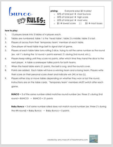 Bunco Rules Printable, How To Play Bunco, Bunko Party, Bunco Rules, Games To Play With Friends, Family Night Activities, Bunco Night, Bunco Game, Rainy Day Activities For Kids