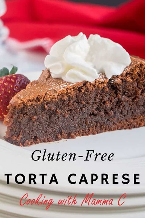 Torta Caprese is a delicious, flourless, chocolate-almond cake from Capri! If you love brownies, you'll love this gluten-free chocolate cake, with its crackly top and moist center. It's made with ground almonds (almond flour) and flavored with amaretto. #tortacaprese #glutenfreechocolatecake #chocolatealmondcake Gf Chocolate Cake, Torta Caprese Recipe, Chocolate Almond Cake, Almond Flour Cakes, Gluten Free Chocolate Cake, Chocolate Torte, Boozy Desserts, Chocolate Heaven, Flourless Chocolate Cakes