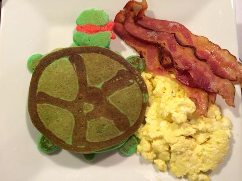 Ninja turtle pancakes Ninja Turtle Pancakes, Turtle Pancakes, Shaped Pancakes, Ninja Turtle Birthday, Turtle Birthday, Ninja Turtle, 3 Kids, Ninja Turtles, Pancakes