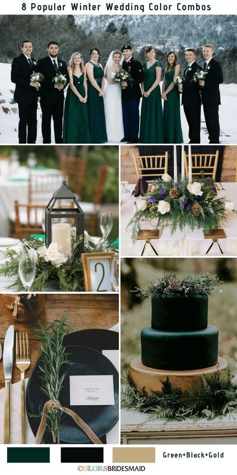 Inspiring Green, Black and Gold Winter Wedding Color Ideas Hunter Green Wedding Palette, Black Green And Rose Gold Wedding, Emerald Green Black And Silver Wedding, Hunter Green Winter Wedding, Emerald Green Winter Wedding, Green And Silver Wedding, Black Winter Wedding, Floral Wedding Theme, Black Groomsmen