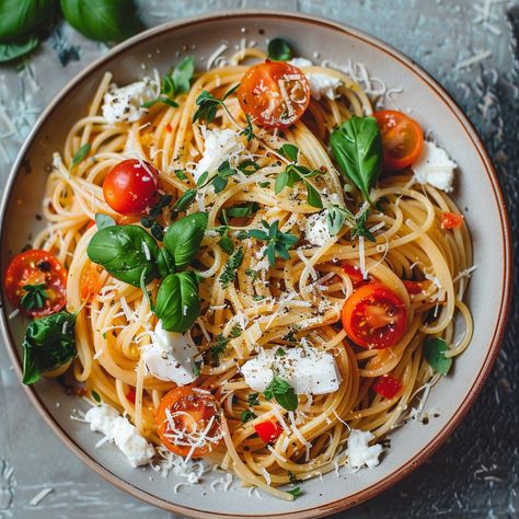 Spaghetti with Goat Cheese and Cherry Tomatoes Recipe (Serves 4) Ingredients 12 oz (340 g) spaghetti 2 tablespoons olive oil 3 cloves garlic, minced 1 pint (2 cups) cherry tomatoes, halved 1/4 teaspoon red pepper flakes (optional) 1/2 cup fresh basil leaves, torn or chopped 4 oz (115 g) goat cheese, crumbled Salt and black pepper to taste Grated Parmesan cheese, for serving Fresh herbs (such as oregano and thyme) for garnish Instructions Cook the Spaghetti: Bring a large pot of salted water... Pasta Goat Cheese, Cherry Tomatoes Recipe, Vegan Food List, Cherry Tomato Recipes, Tomatoes Recipe, Personal Chef, Basil Leaves, Vegan Foods, Holiday Entertaining