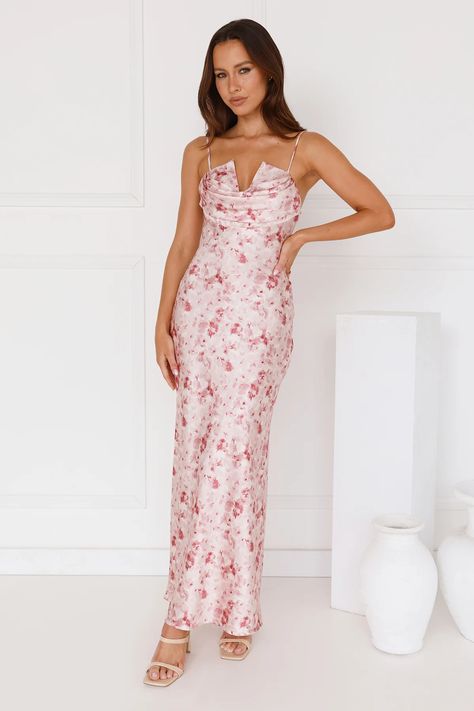 You're going to feel fabulous, lovely. The Pretty Play Satin Maxi Dress features a structured V-neckline, a straight, flowy silhouette and a gorgeous pattern. Style with heels for all the attention. Bridal Shower Dress, Shower Dresses, Jumpsuits And Romper, Maxi Dress Wedding, Satin Maxi, Satin Maxi Dress, Long Sleeve Lace Dress, Print Placement, Pink Maxi Dress