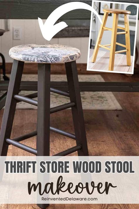 Are you ready to get creative and give new life to a thrift store wood stool? In this blog post, I'll guide you through the step-by-step process of transforming a plain and ordinary wooden stool into a unique and eye-catching piece that will add charm to any room. I will also share other ideas you can use for your next wood stool makeover! Who knows, you might already have a stool sitting in your stash ready for a transformation! Saddle Stool Makeover, Wood Stool Design Ideas, Diy Wood Bar, Stool Redo, Wooden Stools Diy, Furniture On A Budget, Bar Stool Makeover, Stool Makeover, Tall Stools