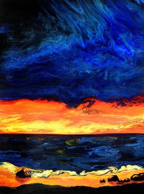 Seascape in Indigo and Bright Orange Original Pour Painting Abstract Expressionism Color Field Orange Painting Acrylic, Bright Color Paintings, Blue And Orange Painting, Orange And Blue Color Palette, Blue And Orange Art, Blue And Orange Aesthetic, Church Mural, Orange Color Combinations, Contrast Art