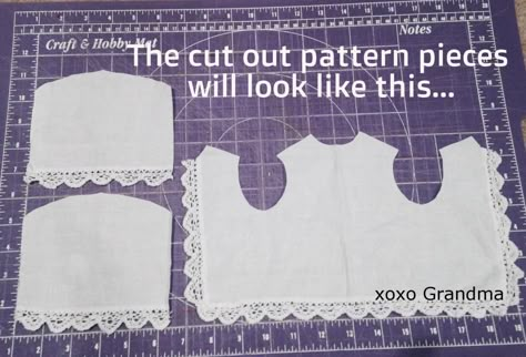 Make a doll top from a lace hankie. Free pattern and tutorial American Girl Patterns, American Girl Doll Patterns, American Girl Doll Clothes Patterns, Sewing Doll Clothes, Doll Dress Patterns, American Doll Clothes, Ag Doll Clothes, American Girl Clothes, Doll Tutorial