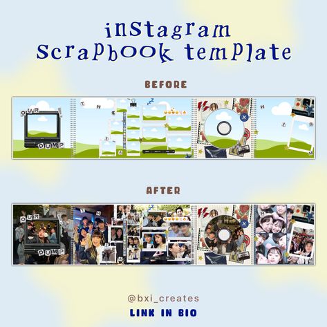 template linked ! Scrl App Templates Ideas, Digital Scrapbook Instagram Ideas, Instagram Scrapbook Template, Canva Magazine Template, Insta Scrapbook Post, Canva Collage Templates, Ig Scrapbook Post, Canva Scrapbook Template, Photo Dump Template