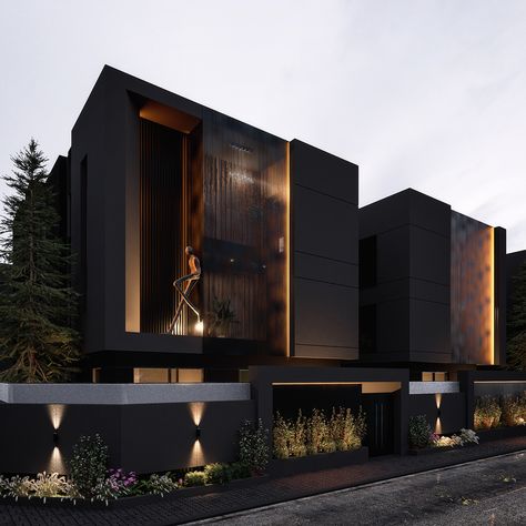 MODERN VILLA FACADE DESIGN & 3D VISUALIZATION :: Behance Modern Villa Facade, Villa Facade Design, Villa Facade, Dark Modern House, Industrial House Exterior, Morden House, Home Designs Exterior, Townhouse Exterior, House Outer Design