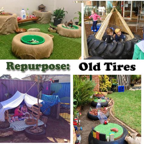 Repurpose old tires to create indoor or outdoor small world areas, play areas, or places for exploration in your early childhood settings. Outdoor Small World, Old Tires Ideas, Repurpose Old Tires, Tyre Ideas, Tire Playground, Tires Ideas, Eyfs Outdoor Area, Preschool Playground, Outdoor Learning Spaces