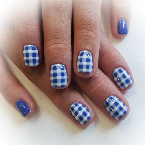 Summer Gingham Picnic Print Nail Art Gingham Nail Designs, Blue Gingham Nails, Red Gingham Nails, Gingham Nail Art, Dorothy Nails, Blue Plaid Nails, Wacky Nails, Gingham Nails, Picnic Nails