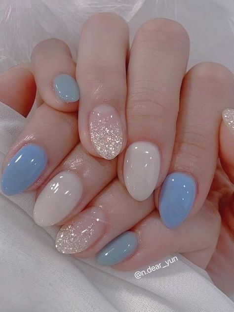 light blue nails: elegant White And Light Blue Nail Designs, Light Color Nails Short, Light Blue Nails Almond Short, Peach And Light Blue Nails, Periwinkle And White Nails, Colorful Bridal Nails, Light Blue And Light Pink Nails, Baby Blue Silver Nails, Opal Blue Nails