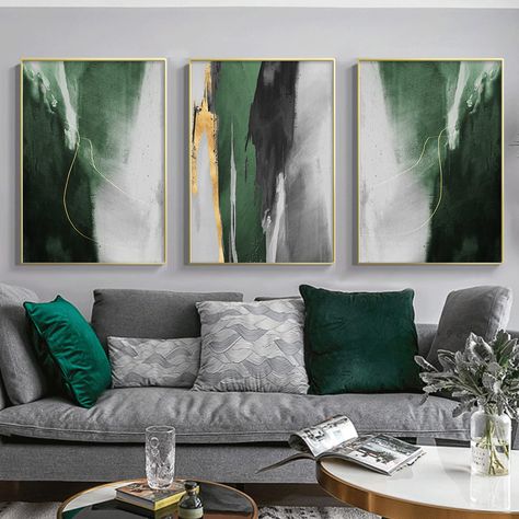 Green Wall Art Large, Grey Living Room With Green Accents, Green Black And Gold Bedroom, Black And Green Living Room Ideas, Cream And Green Living Room, Green Grey Living Room, Black And Green Decor, Green And Gray Living Room, Green Decor Living Room