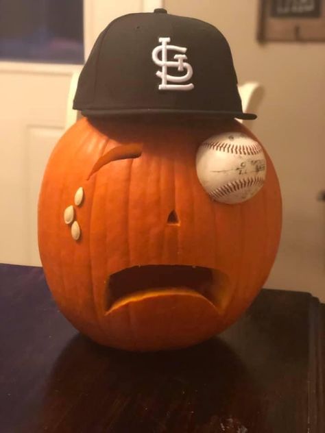 Sports Painted Pumpkins, Pumpkin Baseball Ideas, Carving Punkins Ideas, Simple Halloween Pumpkin Painting, Baseball Painted Pumpkins, Preppy Carved Pumpkin, Sports Themed Pumpkins, Pumpkins Carving Ideas Creative, Baseball Carved Pumpkin