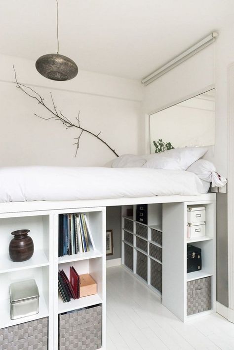 Help! How to DIY a king size loft bed? 12 Ikea Bed Hack Loft, Closet Beds Ideas, Kallax Full Size Bed, Queen Sized Loft Bed For Adults, Ikea Bookshelf Bed Hack, Storage Ideas For Small Rooms Bedroom, Diy Loft In Bedroom, How To Make Space In A Small Bedroom, Small Room With Loft Bed Ideas