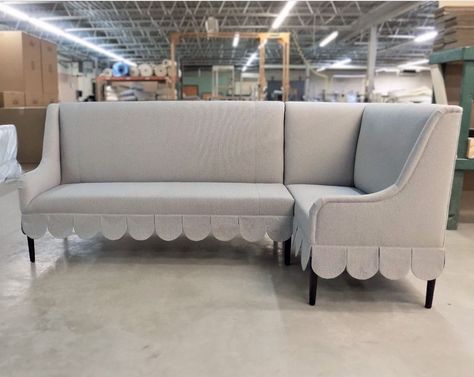 How To Make Banquette Seating, Scalloped Banquette Seating, Sofa As Dining Seating, Skirted Banquette, Sunroom Banquette, Banquette Living Room, Dining Room Banquette Seating, Small Banquette, Upholstered Banquette Seating