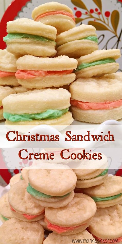 Christmas Cookies Sandwich, Small Sandwich Cookies, Shortbread Cookie Sandwich, Cream Cheese Sandwich Cookies, Cream Cheese Cookie Sandwich, Cookies To Serve At A Wedding, Christmas Sandwich Cookies Recipes, Mini Sandwich Cookies, Frosting Filled Cookies