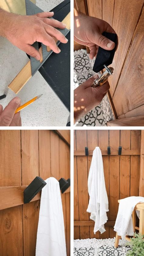 How to Make Modern DIY Wooden Hooks for $1 Each! See the sleek wood hook design in her outdoor shower. | Wooden Hooks Diy Grill Table, Wood Towel Hooks, Outdoor Spray Paint, Shower Makeover, Wooden Hooks, Hot Tub Designs, Wood Hooks, Laundry Room Lighting, Diy Grill