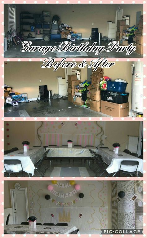 Before and After Garage Birthday Party Garage Birthday Party Set Up, Garage Birthday Party Ideas Kids, Garage Birthday Party Ideas Decoration, Garage Party Set Up Ideas Birthday, Garage Birthday Party Decorations, Basement Birthday Party, How To Decorate A Garage For A Party, Party In Garage, Garage Birthday Party Ideas