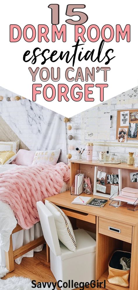 The 15 dorm room essentials you don't want to forget for college! All of these are great ways to make your dorm room feel like home! my roommate and I used all of these dorm room essentials freshman year. Highly recommend you get these dorm products for college. Lear how to make a dorm room feel like home! #dormroomessentials #dormroom #dormroomdecor #dormroomdiy Needs For Dorm Room, How To Make A Dorm Room Feel Like Home, High School Dorm Room Ideas, Dorm Room Hacks Freshman Year, Dorm Essentials For Girls Room, Dorm Room Essentials Freshman Year, Dorm Room Designs College, Dorm Makeover, Room Essentials List