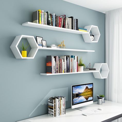 #hangingbookshelf #tallbookshelf #cubebookshelf Organize your books together, also decorate the blank wall, not a bad idea right?  like it? pin it. Floating Box Shelves Books, Wall Book Shelf With Study Table, Minimalist Wall Shelves, Wall Hanging Book Shelf Ideas, Study Shelf Ideas, Book Shelf On Wall Ideas, Wall Shelf Above Desk, Hanging Book Shelves Wall, Book Shelf Ideas On Wall