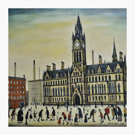 Celebrate the iconic architecture of Manchester with our "Manchester Town Hall" Giclée Art Print. This AI-generated image, inspired by L.S. Lowry, depicts the historic Manchester Town Hall in all its grandeur. Measuring 21cm square, it’s available in the UK for just £6, including postage. Bring this historic piece into your home today! Visit ailowry.art to purchase. #LowryStyle #BritishArt #ArtPrints #HomeDecor #ManchesterTownHall #ArchitecturalArt #ArtCollector #AIArt #GicléePrint #Afforda... Ls Lowry, L S Lowry, Manchester Town Hall, Gothic Revival Architecture, Iconic Architecture, Urban Decor, Landmark Buildings, Iconic Buildings, British Art