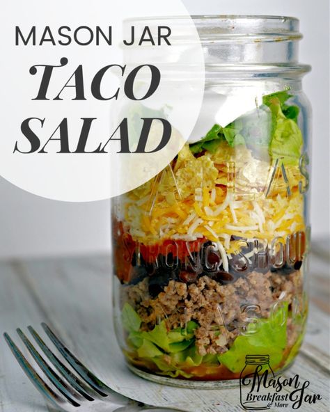 What are your favorite Mason jar salad recipes? This Mason Jar Taco Salad recipe will quickly become one of them. Not only is it packed with healthy ingredients (lettuce, black beans, and salsa), but it’s loaded with flavor too. Trust me, you won’t be tempted to stop at the drive thru when you have quick, easy and delicious Mason jar lunches like this waiting in the fridge for you. Mason Jar Burrito Bowl, Simple Mason Jar Salad Recipes, Glass Jar Meals, Taco Salad In A Jar Recipes, Grinder Salad Sub In Mason Jar, Spinach Salad In A Jar, Mason Jar Cobb Salad, Easy Mason Jar Salads, Grinder Salad Mason Jar