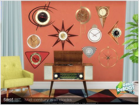 60s Furniture, Mid Century Wall Clock, Mid Century Clock, 70s Decor, Retro Wall Clock, Sims 4 Downloads, Retro Clock, Sims 4 Cc Furniture, 60s Retro