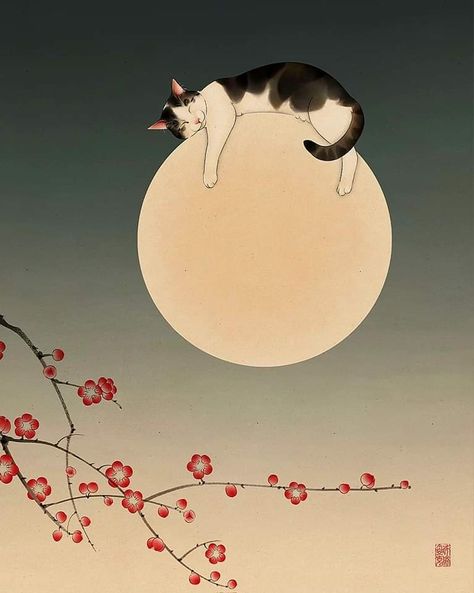 Japanese Moon Tattoo, Cat Japanese Art, Japanese Cat Art, Cat On The Moon, Japan Cat, Japanese Cat, Art Japonais, Korean Art, Japanese Painting