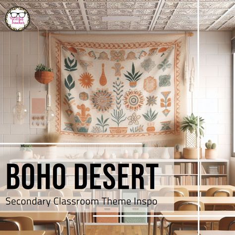 🏜 If you’re a lover of the trendy-yet-timeless boho style, this classroom look is for you! ⁣ 🏜 Think desert vibes with a dusty color palette, sand art, terra cotta, macramé, tapestries, pompano grass, and succulents.⁣ 🏜 Don’t forget plenty of woven or wicker items, paired with furniture and accents with clean lines, for a classroom theme that’s both airy and cozy at the same time.⁣ 🏜 Visit the link in my bio for boho desert themed classroom decor printables created especially for middle and h... Dusty Color Palette, Classroom Decor Printables, Themed Classroom Decor, Boho Classroom, Boho Desert, Printable Classroom Decor, Desert Vibes, Themed Classroom, Classroom Theme