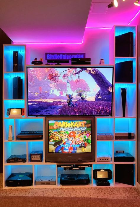 Retro Gaming Nostalgia 80s, 90s & early 00s | Hi all! I just joined and wanted to show a pic of my setup that I finished a few months ago | Facebook Retro Gaming Room, Small Gaming Room Ideas, Ultimate Gaming Room, Video Game Shelf, Basement Game Room Ideas, Retro Basement, Video Game Organization, Retro Room Ideas, Nostalgia 80s