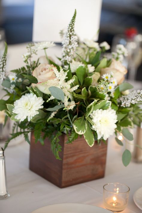 Mini Table Centerpiece, Flower Box Centerpiece Wedding, Wood And Flower Centerpieces, Basket Centerpieces Table Wedding, Simple Summer Wedding Centerpieces, Flower Centerpieces Square Vase, Wooden Flowers Wedding Centerpiece, Wood Flowers Wedding Centerpiece, Wood Box Centerpiece Wedding