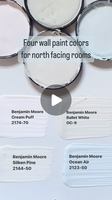 Karolina De Costa on Instagram: "4 Paint Color Picks For North Facing Rooms  North facing rooms can sometimes feel gloomy and dark. Balance the cool tones of the light with warm, cheerful wall paint colors like these four below.  Benjamin Moore Cream Puff 2174-70:  This light-as-air peachy pink has a touch gray for softness so it’s beautiful even in adult spaces.  Benjamin Moore Ballet White OC-9: Creamy without feeling too yellow, this light neutral is perfect for any room in the house and a great background for furniture, fabrics and art.  Benjamin Moore Silken Pine 2144-50  This barely there green has a silvery undertone that makes it the perfect choice for brightening up a small bedroom.   Benjamin Moore Ocean Air 2123-50:  This light sea foam shade has a hint of gray to keep it feelin Silken Pine Benjamin Moore, Benjamin Moore Ocean Air, Greige Paint, Greige Paint Colors, Pine Furniture, Benjamin Moore Paint, Paint Colors Benjamin Moore, Great Backgrounds, Room Paint Colors