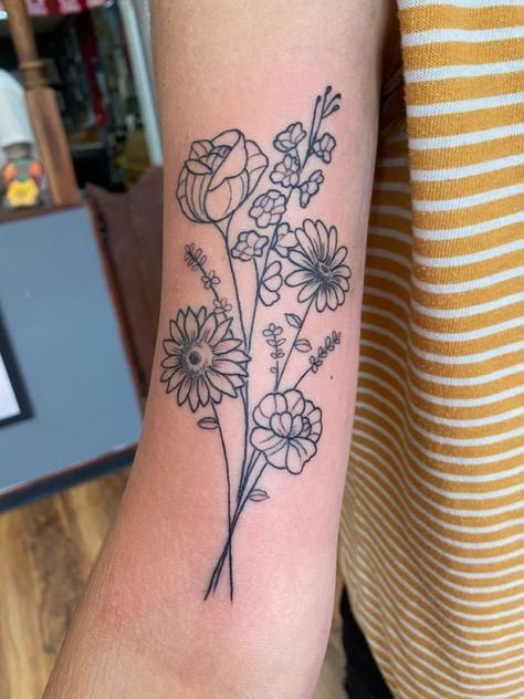 Flower bouquet tattoo Flower Bouquet Tattoo Drawn By Family, Hand Drawn Flower Bouquet Tattoo, 6 Flower Bouquet Tattoo, I Can Buy Myself Flowers Tattoo, Bouquet Tattoo Placement, Find Someone Who Grows Flowers Tattoo, Flower Boquettes Tattoos, Bunch Of Flowers Tattoo, Rose Bouquet Tattoo