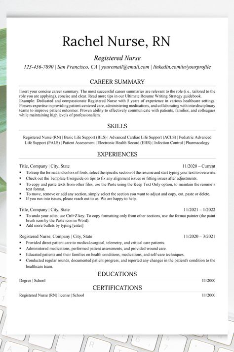 Registered Nurse Resume Examples, Resume For Nurses, Babysitting Resume, Healthcare Resume, Nursing Resume Examples, Nurse Brain Sheet, Nurse Resume Template, Nurse Brain, Registered Nurse Resume