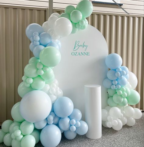 Blue Pastel Birthday Party Decorations, Light Blue And Green Balloon Garland, Blue And Green Balloons Decoration, Balloons On Arch, Blue And Green Balloon Garland, Blue And Green Balloons, Baby Dedication Party, Christening Balloons, Ocean Birthday Party